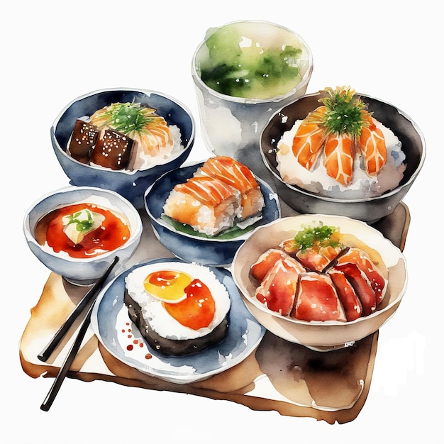 Azjatycki stół dla smakoszy z jedzeniemAkwarela ręcznie malowana ilustracja na białym tle