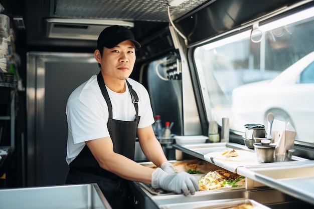 Azjatycki szef kuchni przygotowujący jedzenie na wynos w kuchni ciężarówki