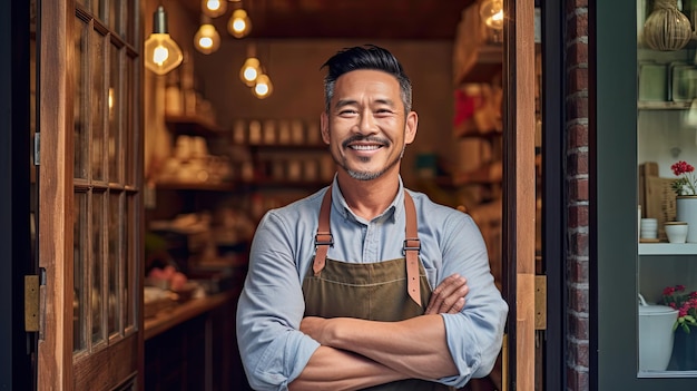 Azjatycki właściciel małej firmy uśmiechający się do drzwi wejściowych z założonymi rękami. Generatywna sztuczna inteligencja