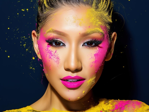 Azjatycki z plamami farby Piękno kobiety makijaż z bliska phytography
