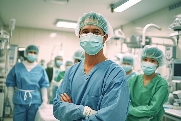 Azjatycki zespół chirurgów w maskach i mundurach trzymający skrzyżowane ręce i patrzący w kamerę stojąc ja
