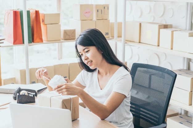 Azjatyckich kobiet właściciel biznesu pracuje w domu z kocowania pudełkiem na miejscu pracy