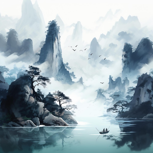 azjatyckie chińskie góry z łodzią na krajobrazieciemnobiały i błękitny bez atramentu pędzle