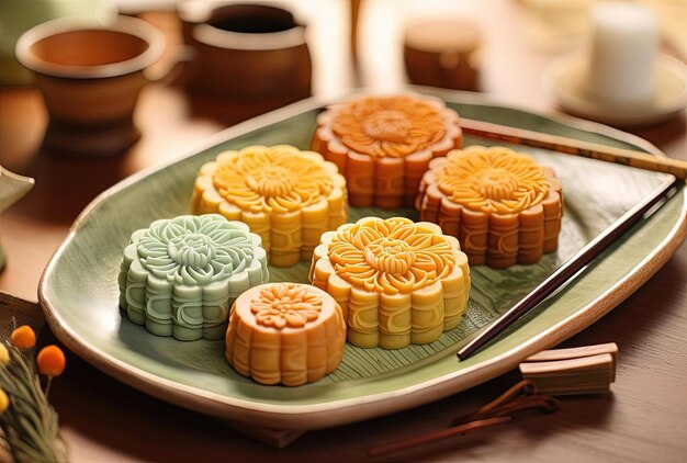 azjatyckie ciasteczka księżycowe z pałeczkami na macie w stylu jasnopomarańczowego i zielonego