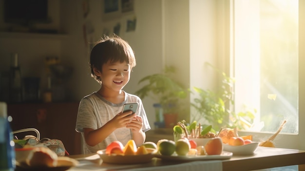 Azjatyckie dziecko korzysta z telefonu komórkowego w salonie i je śniadanie