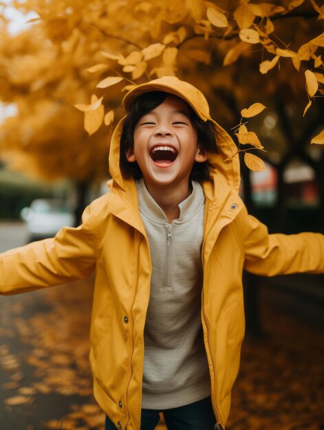 Azjatyckie dziecko w emocjonalnej dynamicznej pozie na jesiennym tle