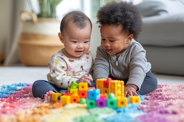 Azjatyckie i czarne dziecko bawiące się na podłodze w salonie