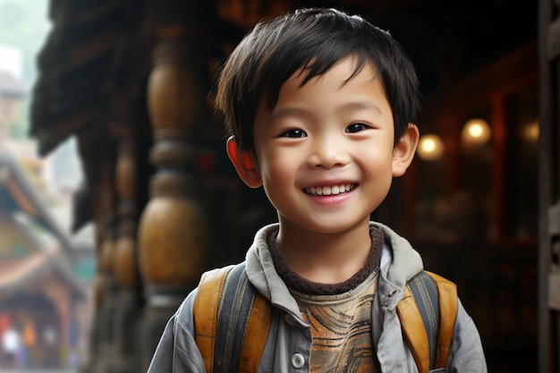 Azjatyckie Japońskie Chińskie Koreańskie Tajskie Indonezyjskie dziecko uśmiecha się patrząc w kamerę Śliczne, piękne, szczęśliwe dziecko Maluch-przedszkolak