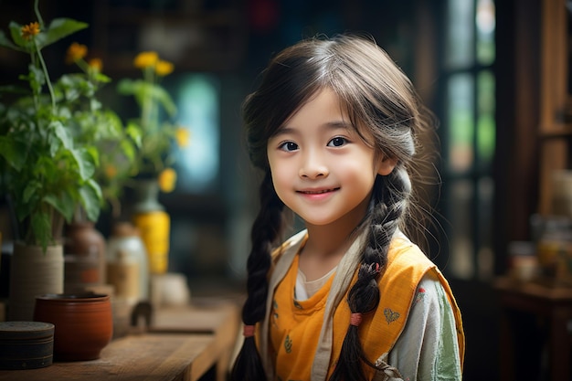 Azjatyckie Japońskie Chińskie Koreańskie Tajskie Indonezyjskie dziecko uśmiecha się patrząc w kamerę Śliczne, piękne, szczęśliwe dziecko Maluch-przedszkolak