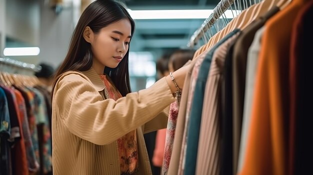 Azjatyckie Kobiety Patrzące Na Ubrania I Cenę Podczas Zakupów W Sklepie