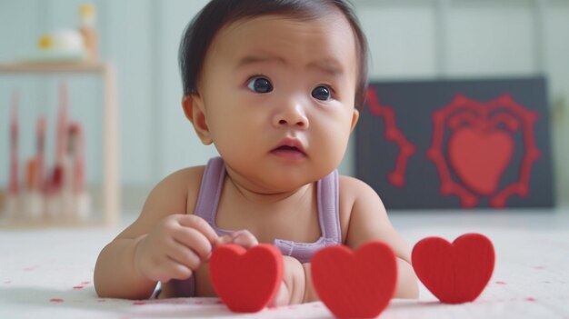 Azjatyckie nowo narodzone dziecko z linią narządów serca dla kampanii koncepcyjnej zdrowia serca dzieciGenerative AI
