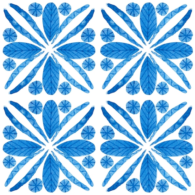 Zdjęcie azulejo akwarela bezszwowe wzór. tradycyjne portugalskie płytki ceramiczne. ręcznie rysowane streszczenie tło. grafika akwarelowa do tekstyliów, tapet, druku, projektowania strojów kąpielowych. niebieski wzór azulejo.