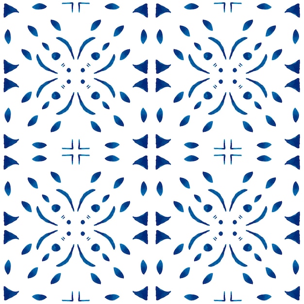 Azulejo akwarela bezszwowe wzór. Tradycyjne portugalskie płytki ceramiczne. Ręcznie rysowane streszczenie tło. Grafika akwarelowa do tekstyliów, tapet, druku, projektowania strojów kąpielowych. Niebieski wzór azulejo.