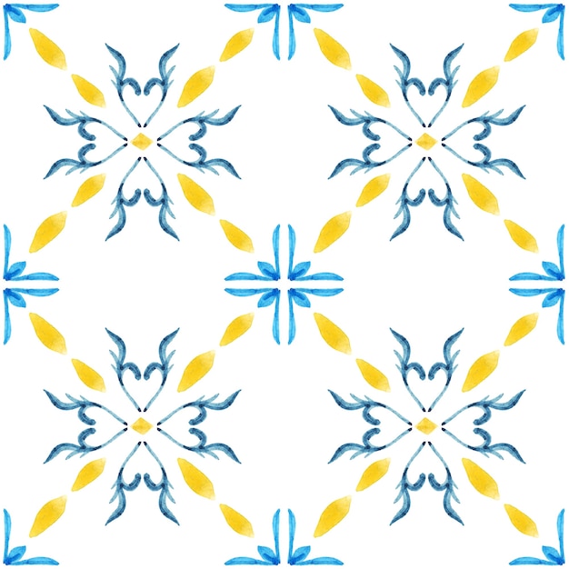 Azulejo akwarela bezszwowe wzór. Tradycyjne portugalskie płytki ceramiczne. Ręcznie rysowane streszczenie tło. Grafika akwarelowa do tekstyliów, tapet, druku, projektowania strojów kąpielowych. Niebieski wzór azulejo.