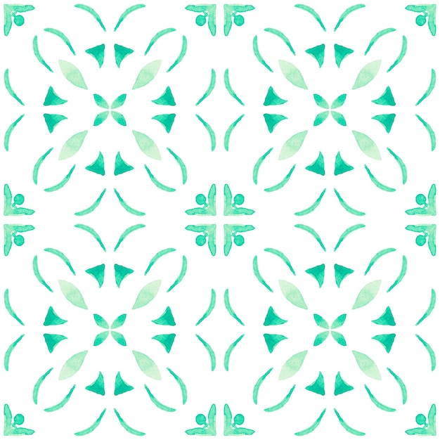 Azulejo akwarela bezszwowe wzór. Tradycyjne portugalskie płytki ceramiczne. Ręcznie rysowane streszczenie tło. Grafika akwarelowa do tekstyliów, tapet, druku, projektowania strojów kąpielowych. Zielony wzór azulejo.