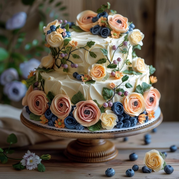 BA ciasto ozdobione kwiatami i borówkami
