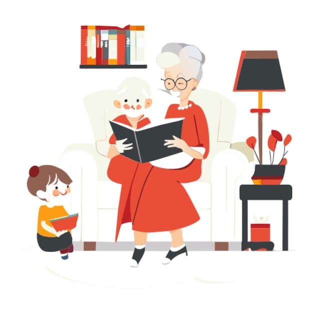 Babcia czyta opowieść wnukom na kanapie