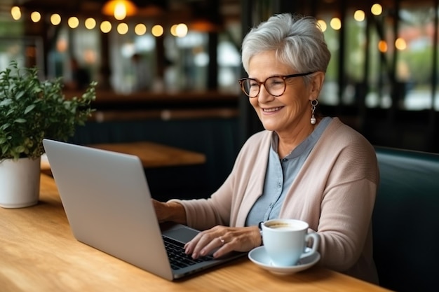 Babcia kobieta pracuje na laptopie w kawiarni przy stole