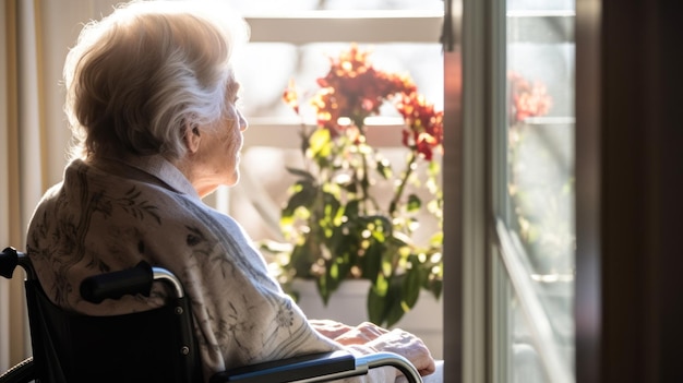 babcia na wózku inwalidzkim w domu opieki generatywnej ai