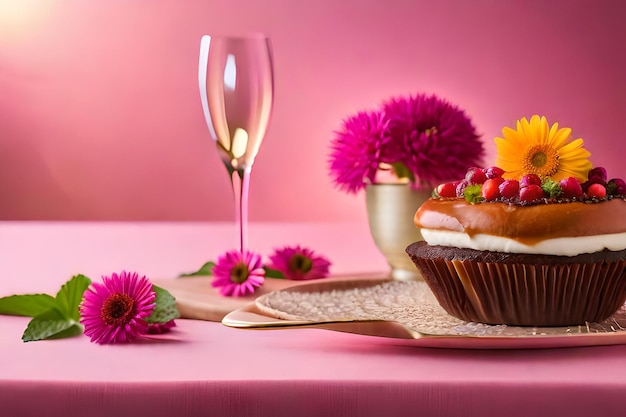 Zdjęcie babeczka i kieliszek wina leżą na stole z kwiatami i różowym tłem.