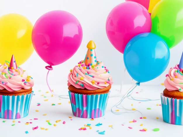 babeczki urodzinowe z tłem kolorowych balonów