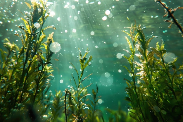 Zdjęcie bąbelki i bokeh pod wodą w czystym zielonym oceanie kalifornii