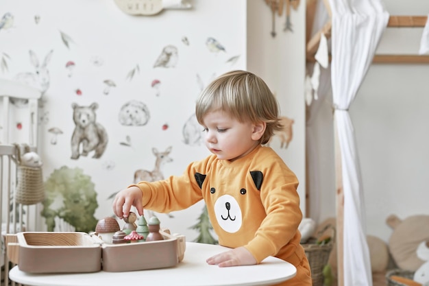 Baby Dziecko Bawi Się Drewnianymi Zabawkami Wczesny Rozwój