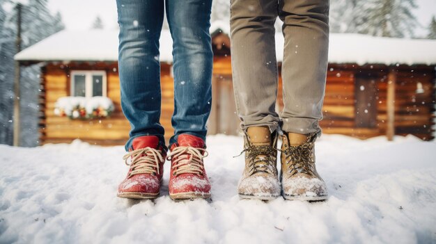 Baby Feet In Boots Walking In Winter Śnieg stworzony za pomocą technologii Generative Al