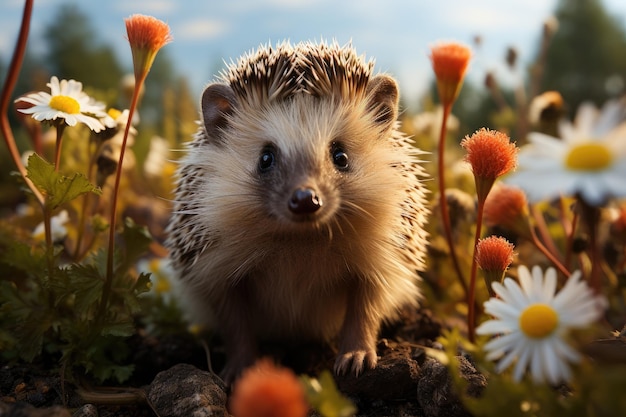 Baby hedgehog w wiosennej zielonej trawie z kwiatami Generative AI