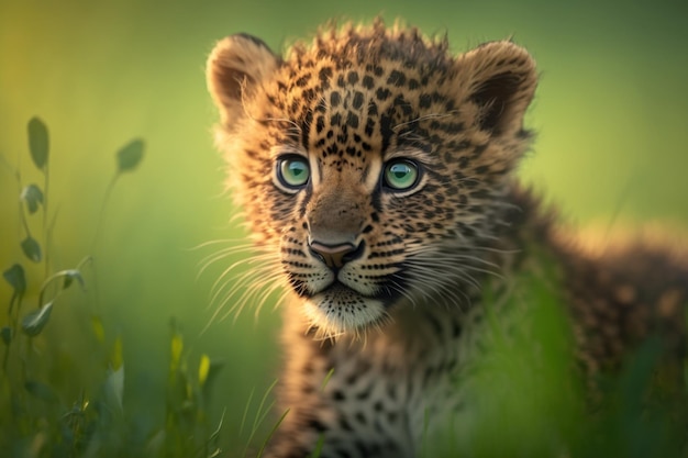 Baby leopard wiosną zielona trawa z kwiatami Generative AI