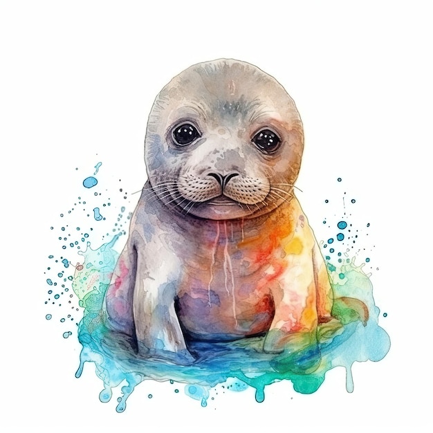 Baby Seal akwarela z konturem atramentu na białym tle wysokiej szczegółowej generatywnej AI