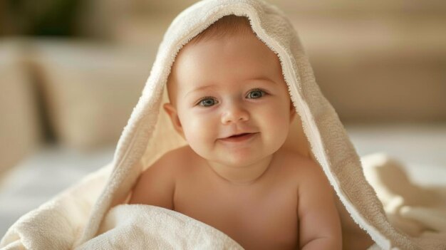 Zdjęcie baby wrapped in towel on bed