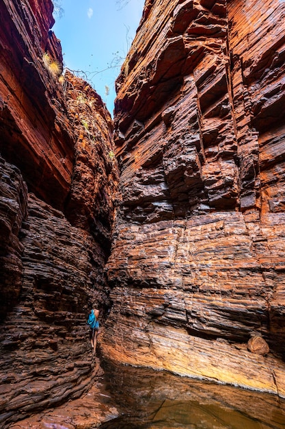 backpacker dziewczyna wędrująca w bardzo wąskim kanionie w parku narodowym karijini w zachodniej australii