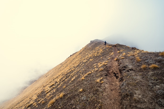 Backpacker Młodych Kobiet Patrząc Na Mgłę Na Szczycie Góry