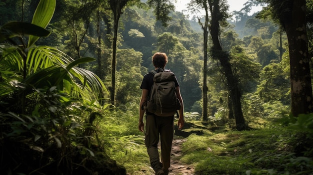 Backpacker spacerujący po dżungli Nepalu