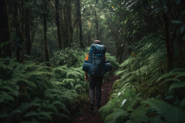Backpacker z plecakiem na plecach idący przez gęsty las stworzony za pomocą generatywnej sztucznej inteligencji