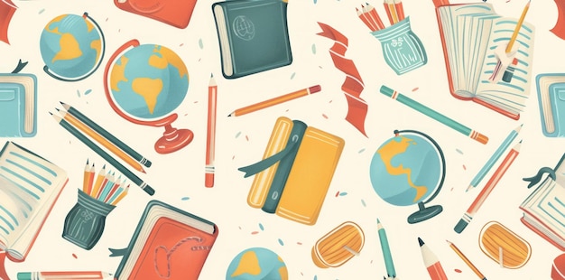 Backtoschool bezszwowy wzór Zbiór materiałów szkolnych ołówki książki i globusy