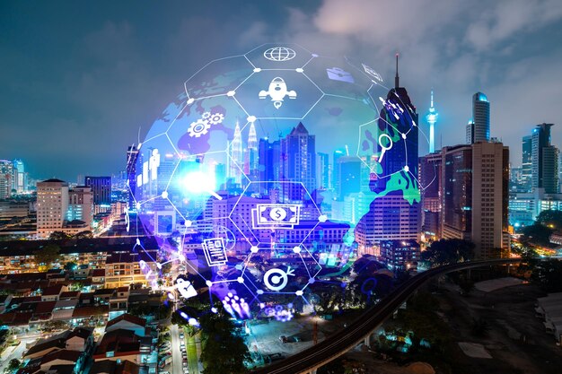 Badania i rozwój technologiczny świecące ikony Nocny panoramiczny widok na miasto Kuala Lumpur Koncepcja innowacyjnych działań poszerzających nowe usługi lub produkty w Malezji Azja Podwójna ekspozycja