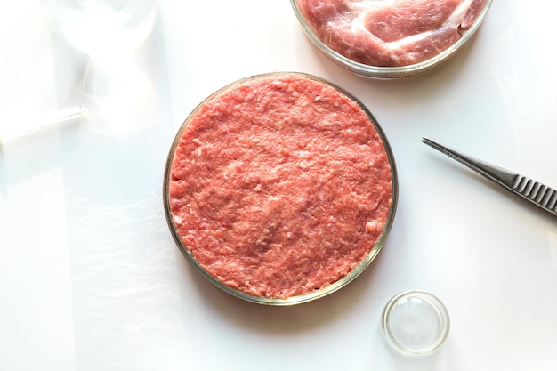 Zdjęcie badania laboratoryjne sztucznego mięsa mięso mielone w szklanych szalkach petriego eksperyment chemiczny
