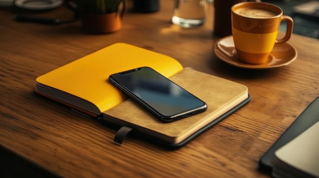 Badanie lub obszar roboczy notebooka Pen Smartphone i filiżanka herbaty lub kawy na stole Generative AI