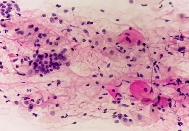 Badanie rozmazu PAPS młodej kobiety pod mikroskopem, wykazujące zmiany zanikowe w macicy