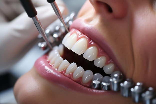 Badanie stomatologiczne Dentysta sprawdza zęby pacjenta za pomocą lusterka w jamie ustnej Generacyjna sztuczna inteligencja