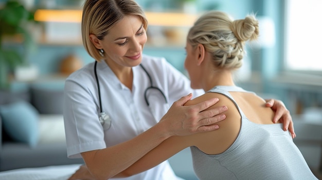 Zdjęcie badanie zdrowia pleców klienta przez masażystę medycznego
