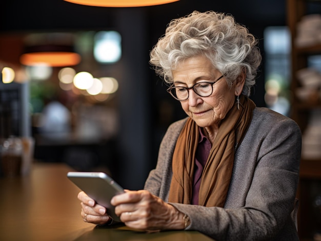 Bądź świadkiem inspirującego widoku, w którym starsza kobieta, która żyje niezależnie, korzysta ze swojego smartfona