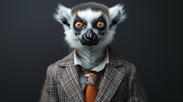 Bądź świadkiem kaprysu, gdy małpa-lemur zakłada elegancki garnitur i elegancki krawat.