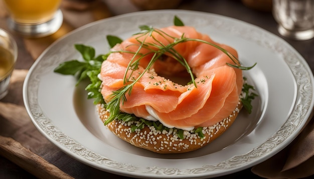 Bagel z nasionami sezamu siedzi na talerzu z talerzem jedzenia