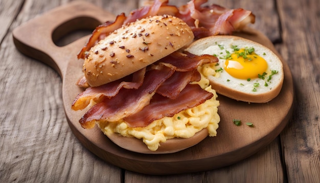 Bagels chleb z bekonem świeża sałatka jaja przemieszane podawane na małym drewnianym stole