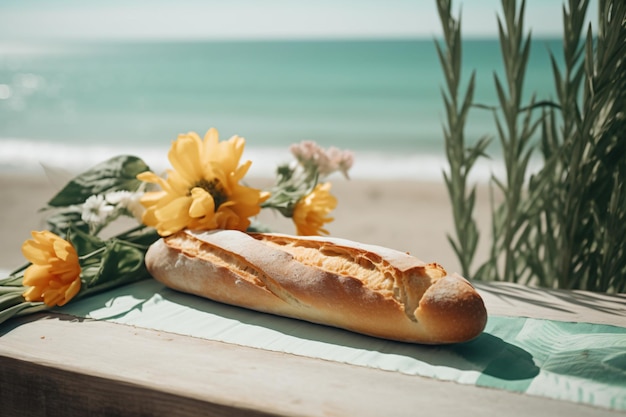 Bagietka leży na stole na plaży z plażą w tle.