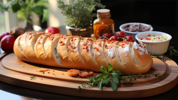 Zdjęcie baguette z mozzarellą, serem, pomidorami i ziołami na desce do cięcia