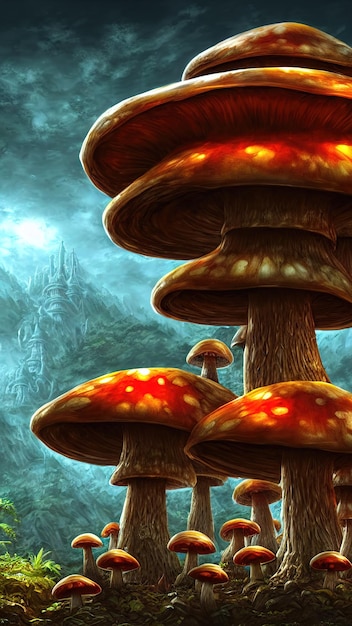 Bajeczne duże grzyby w magicznym lesie Ilustracja Fantasy Mushrooms na okładkę książki Niesamowity krajobraz natury ilustracja 3d
